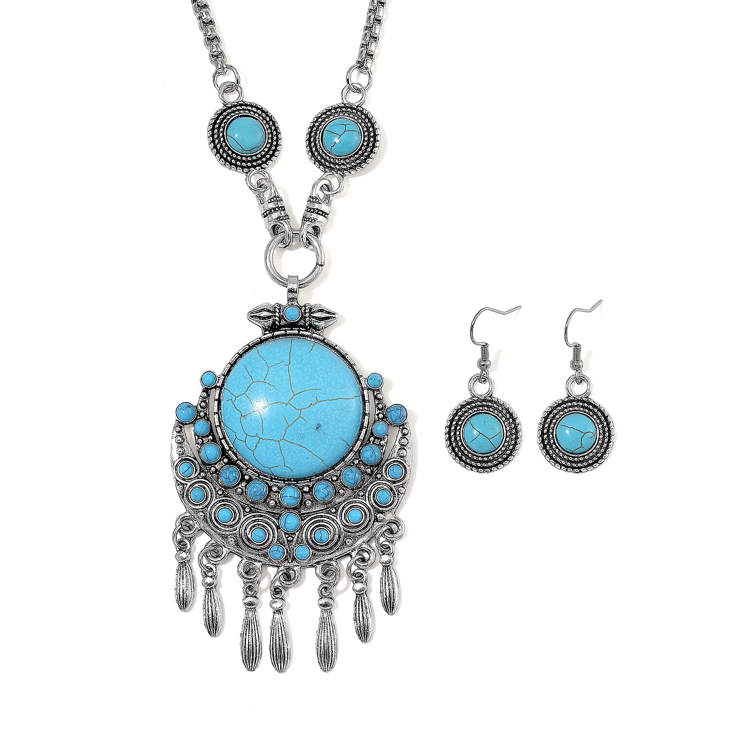 Blue Howlite Necklace (20-22 Inches) and Earrings in Silvertone 94.00 ctw
