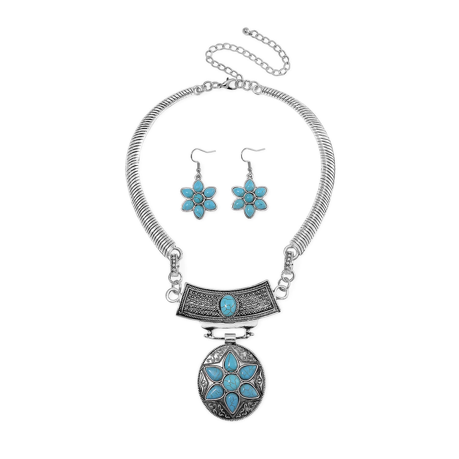 Blue Howlite 50.00 ctw Floral Necklace 17-22 Inches and Earrings in Silvertone