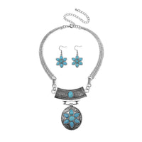 Blue Howlite 50.00 ctw Floral Necklace 17-22 Inches and Earrings in Silvertone