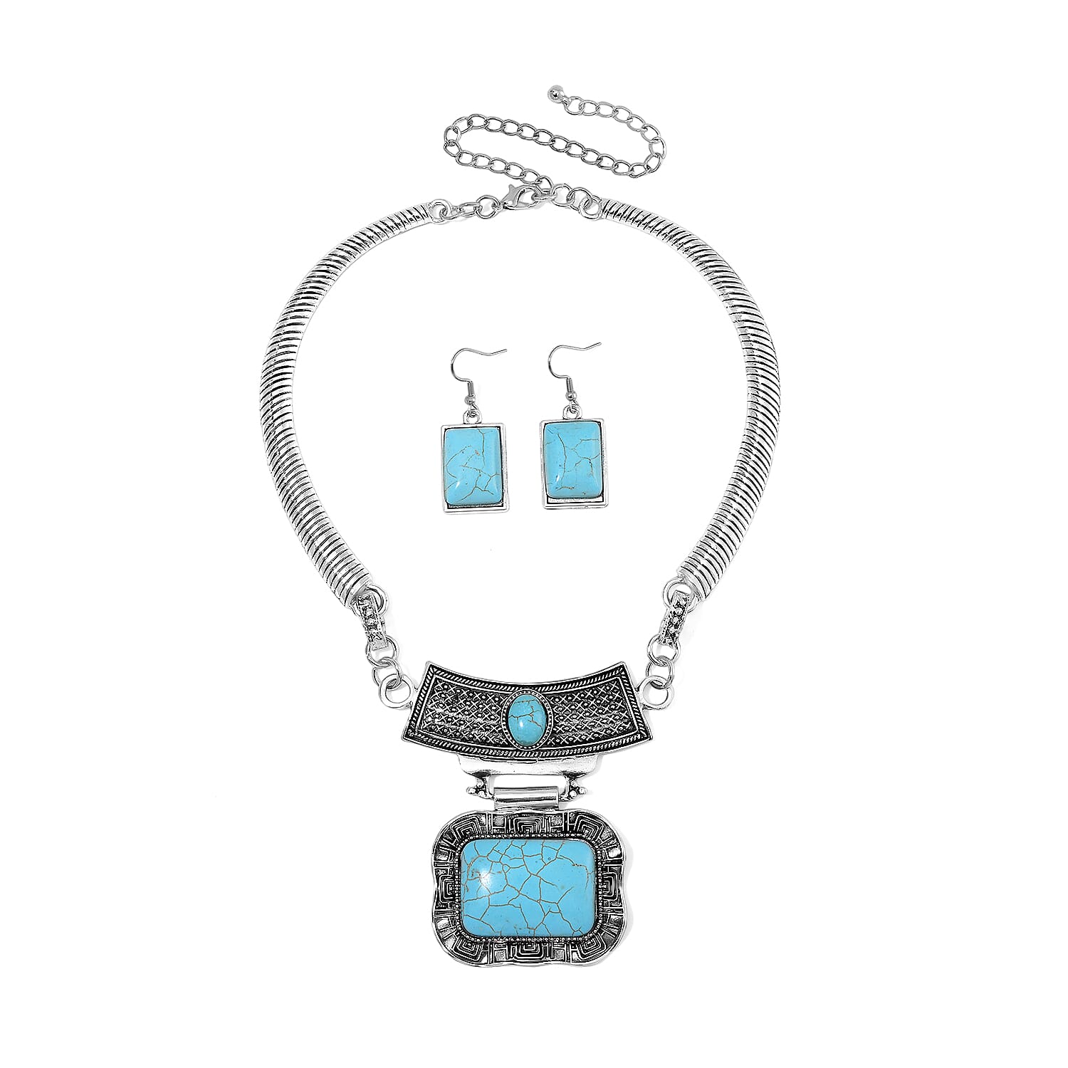 Blue Howlite 90.00 ctw Necklace 17-22 Inches and Earrings in Silvertone