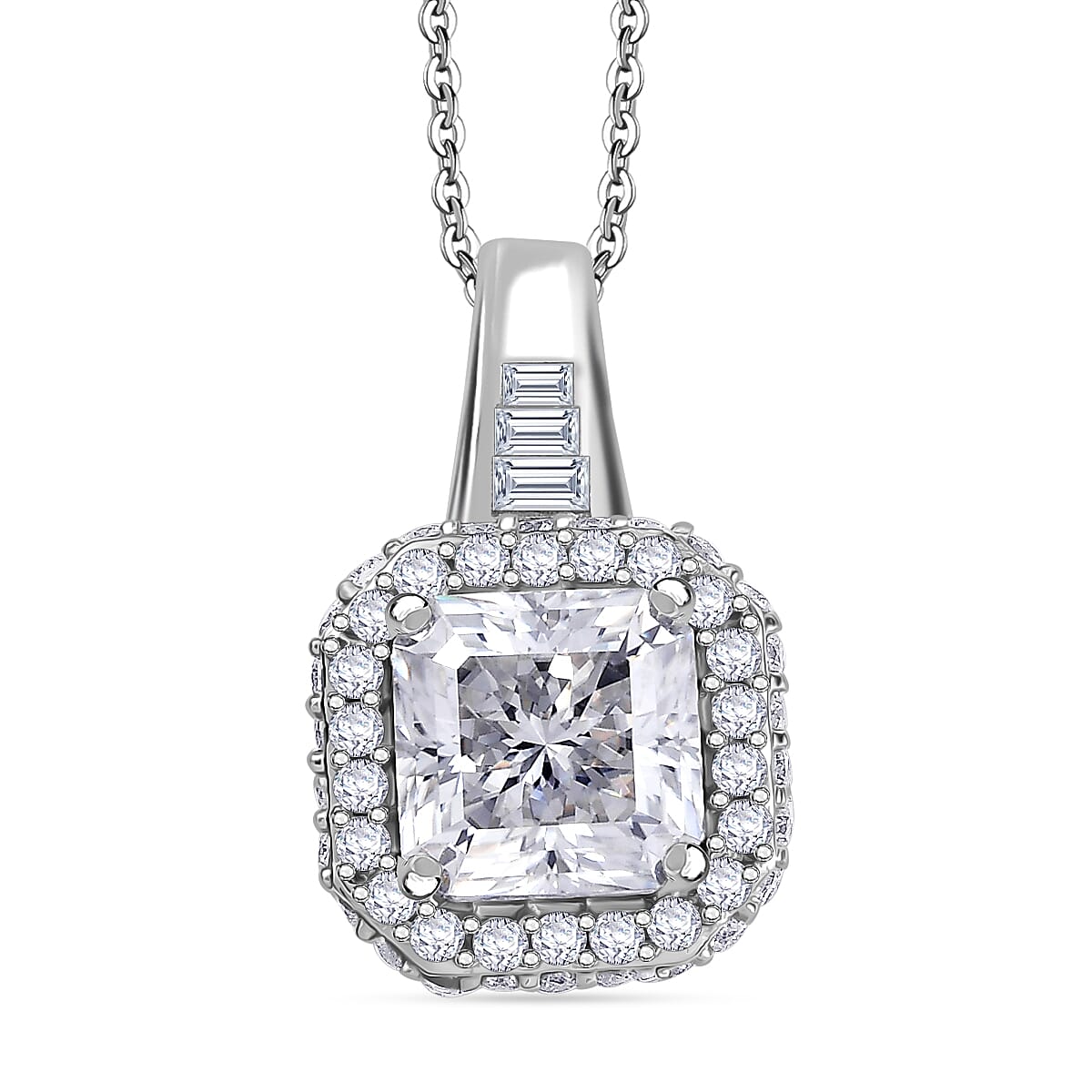 Squartuguese Cut Moissanite 3.65 ctw Halo Pendant Necklace in Rhodium Over Sterling Silver 20 Inches