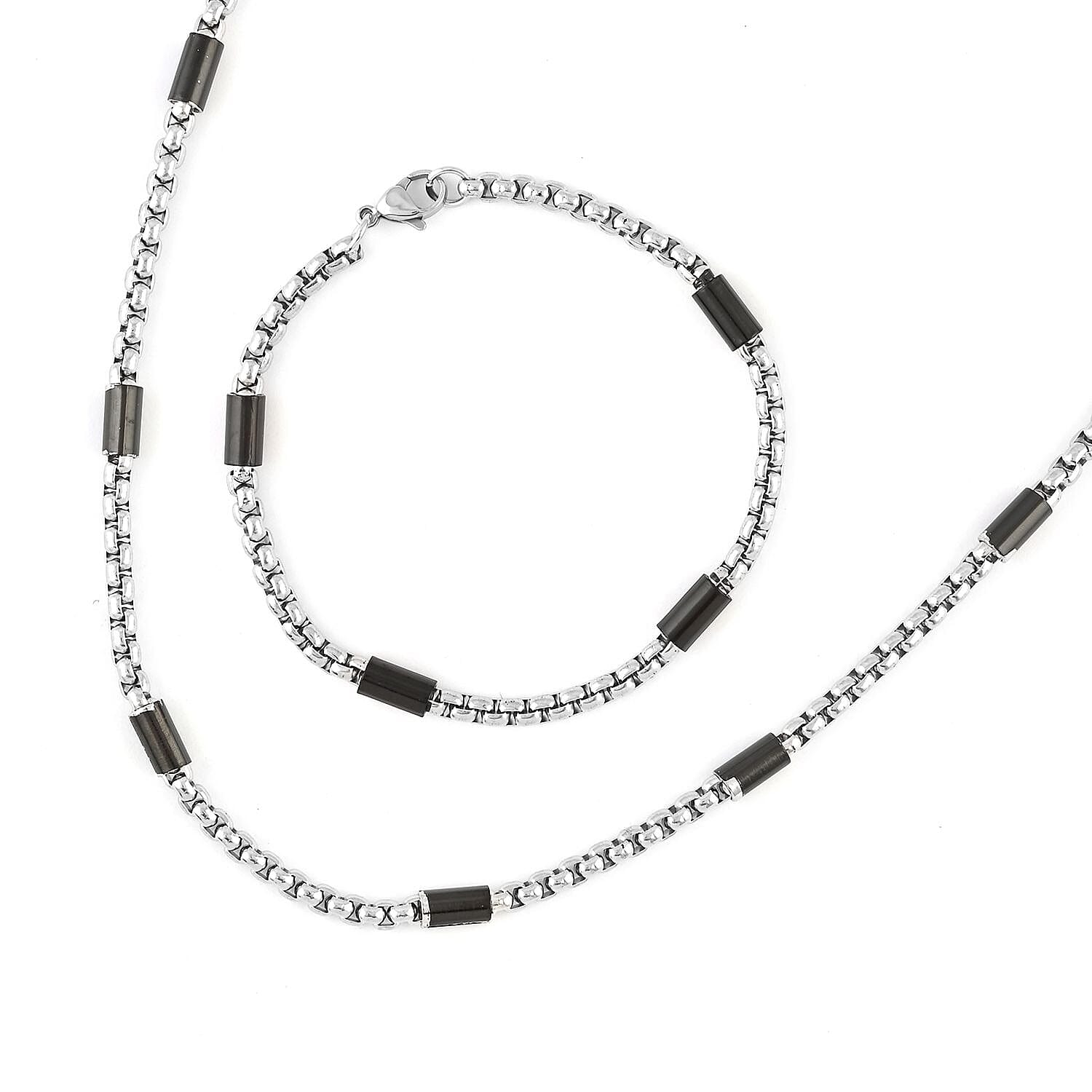 Box Link Necklace 24 Inches and Bracelet (9.00In) ION Plated Black and Stainless Steel