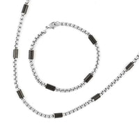 Box Link Necklace 24 Inches and Bracelet (9.00In) ION Plated Black and Stainless Steel