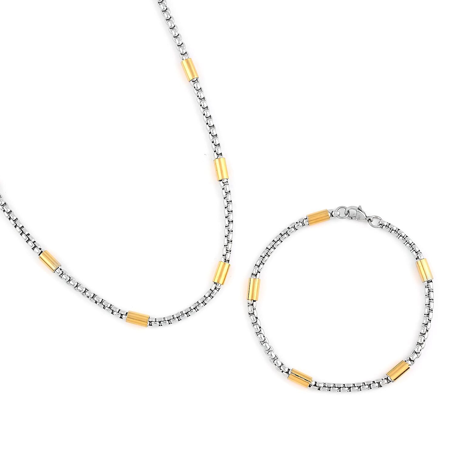 Box Link Chain Necklace 24 Inches and Bracelet (9.00In) in ION Plated YG and Stainless Steel
