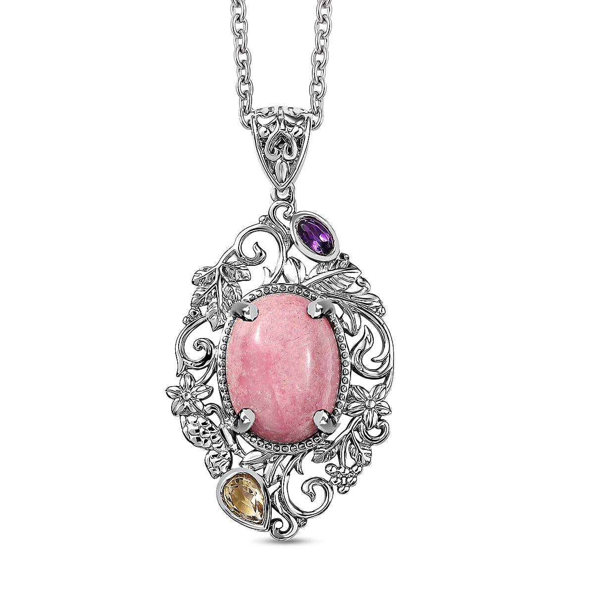 Karis Rhodonite and Multi Gemstone 15.15 ctw Pendant in Platinum Bond with Stainless Steel Necklace (20 Inches)