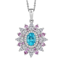 Premium Betroka Blue Apatite and Multi Gemstone 3.75 ctw Floral Pendant Necklace in Rhodium Over Sterling Silver 20 Inches