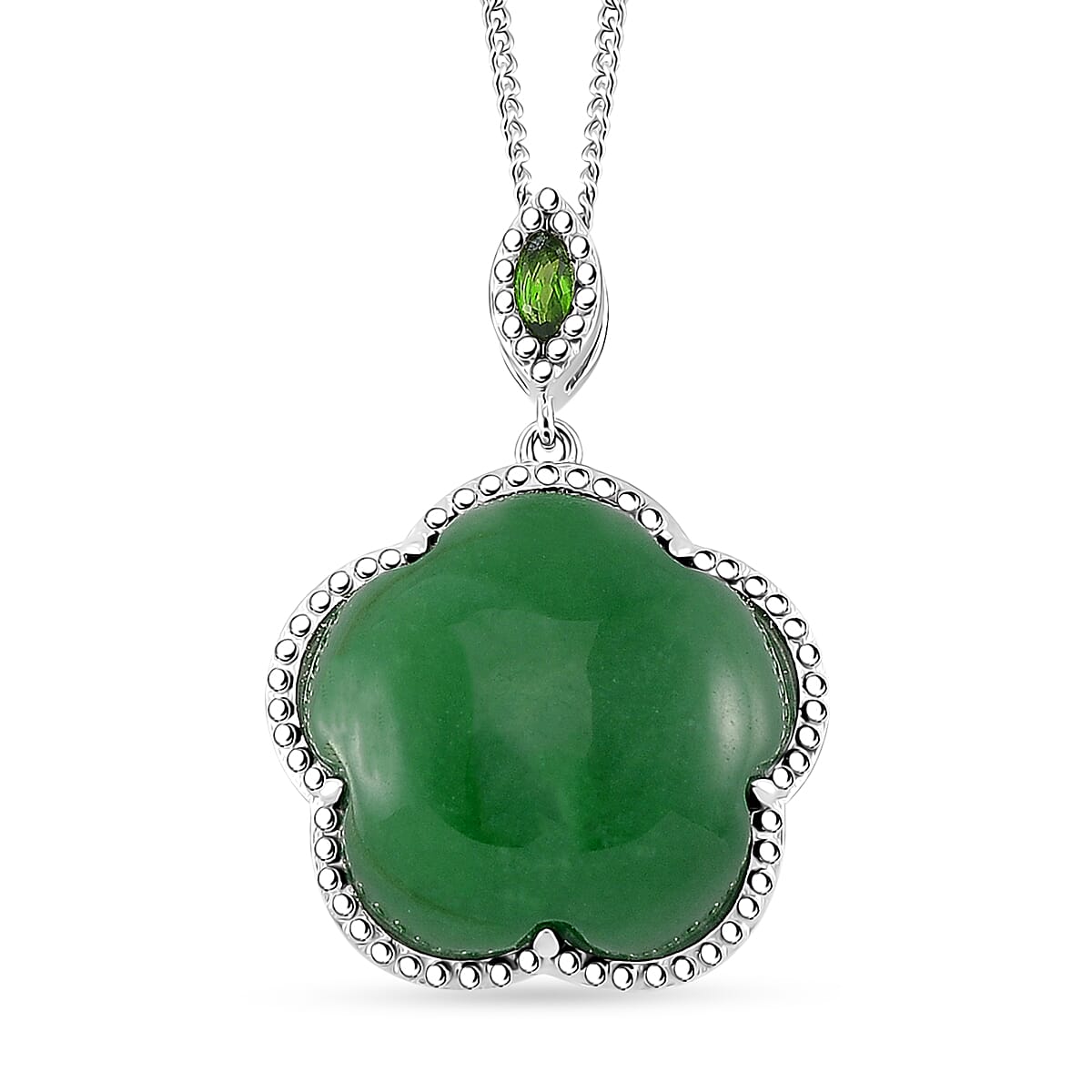 TLV Green Jade, Chrome Diopside Cherry Blossom Pendant Necklace (18 Inches) in Rhodium Over Sterling Silver 16.00 ctw
