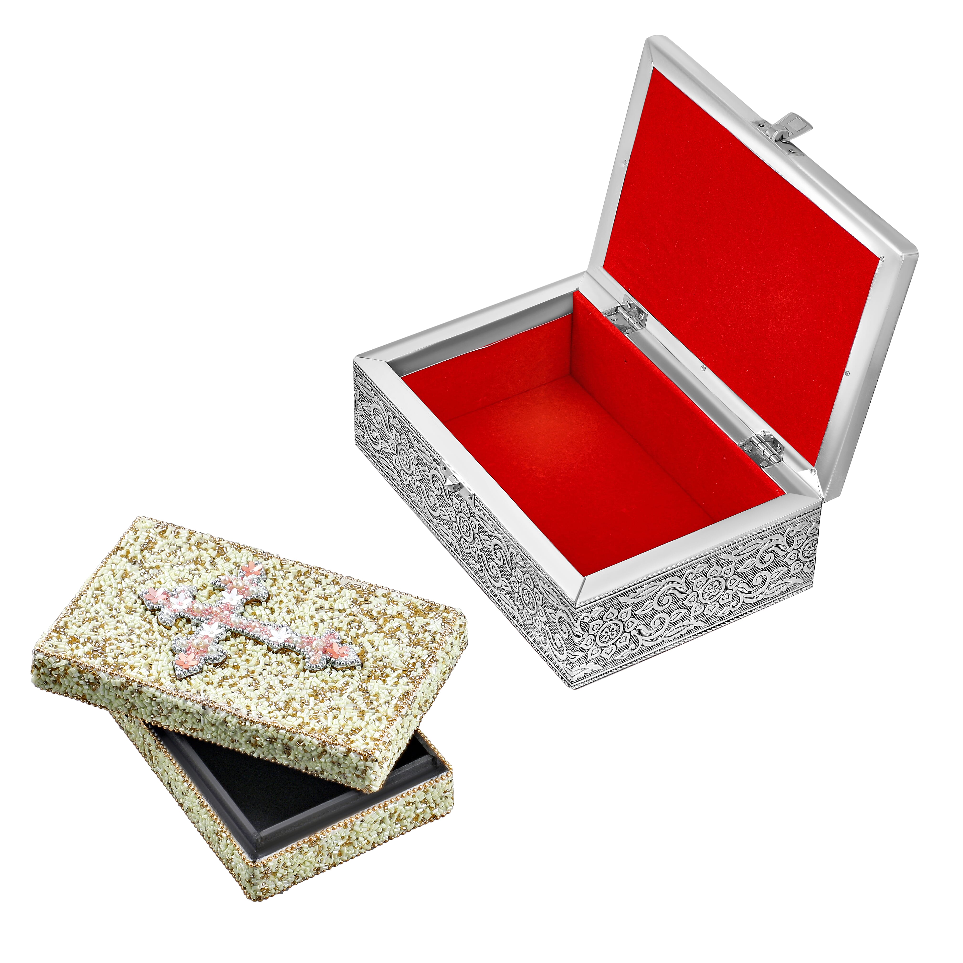 Set Of 2 Silver & White Nesting Storage Cross Embossed Aluminium Oxidized & Bling Box