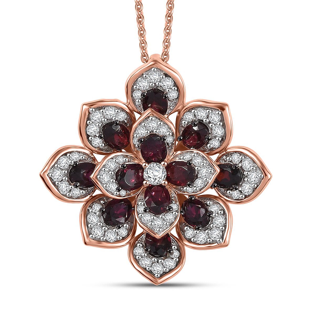 Premium Anthill Garnet and White Zircon 3.40 ctw Bellflower Pendant Necklace in 18K Vermeil Rose Gold Over Sterling Silver 20 Inches