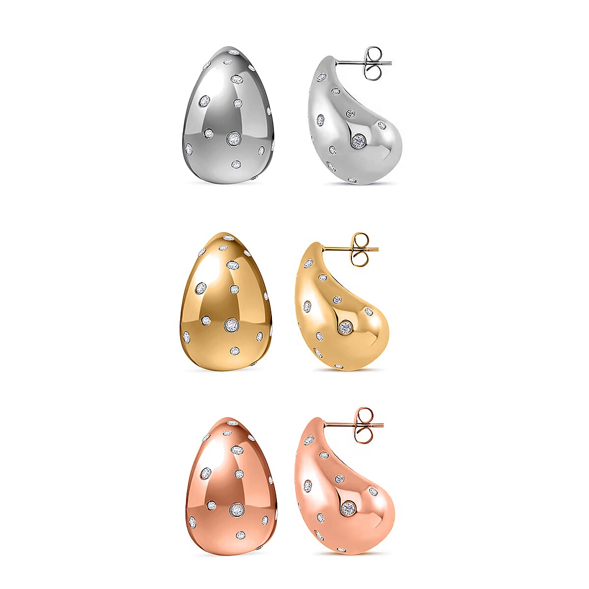 Set of 3 Simulated Diamond 3.00 ctw Raindrop Earrings in ION Plated Yellow, Rose Gold and Stainless Steel