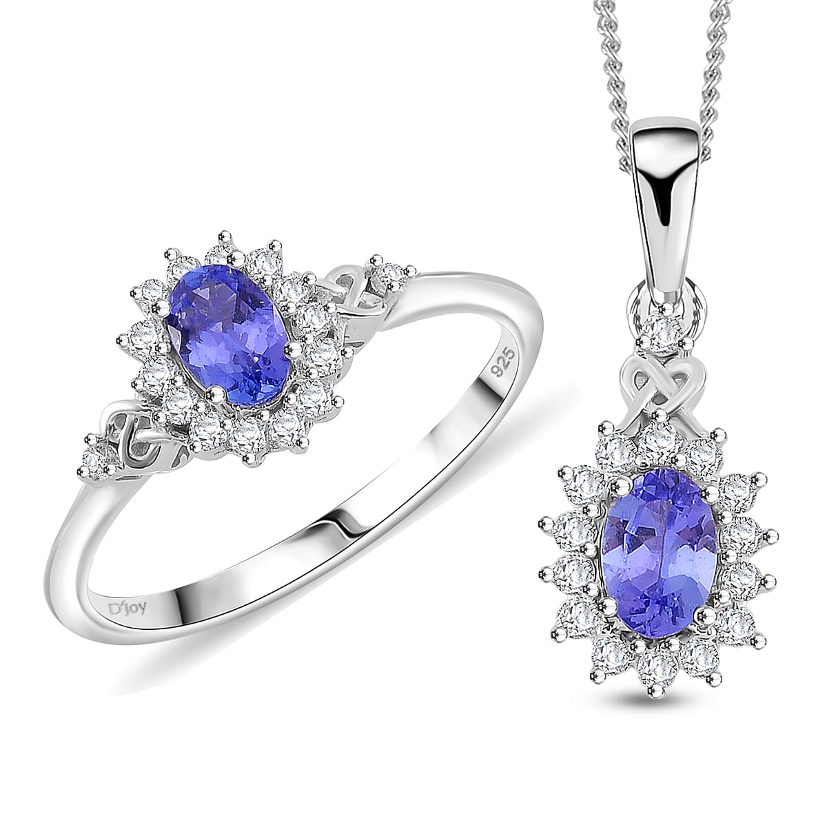 Tanzanite, White Zircon Heart & Arrows Ring (Size 8.0), Pendant Necklace (18 Inches) in Rhodium Over Sterling Silver 1.50 ctw