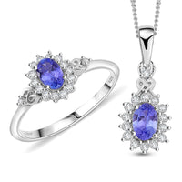Tanzanite, White Zircon Heart & Arrows Ring (Size 8.0), Pendant Necklace (18 Inches) in Rhodium Over Sterling Silver 1.50 ctw