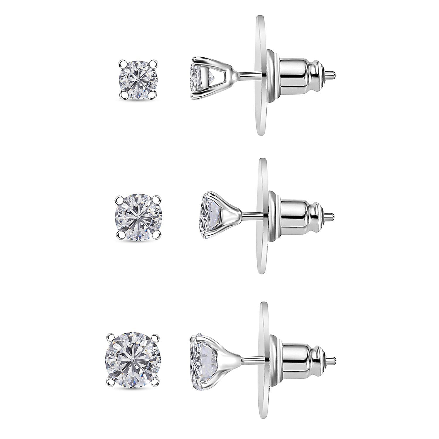 Set of 3 Moissanite 2.90 ctw Solitaire Stud Earrings in Rhodium Over Sterling Silver