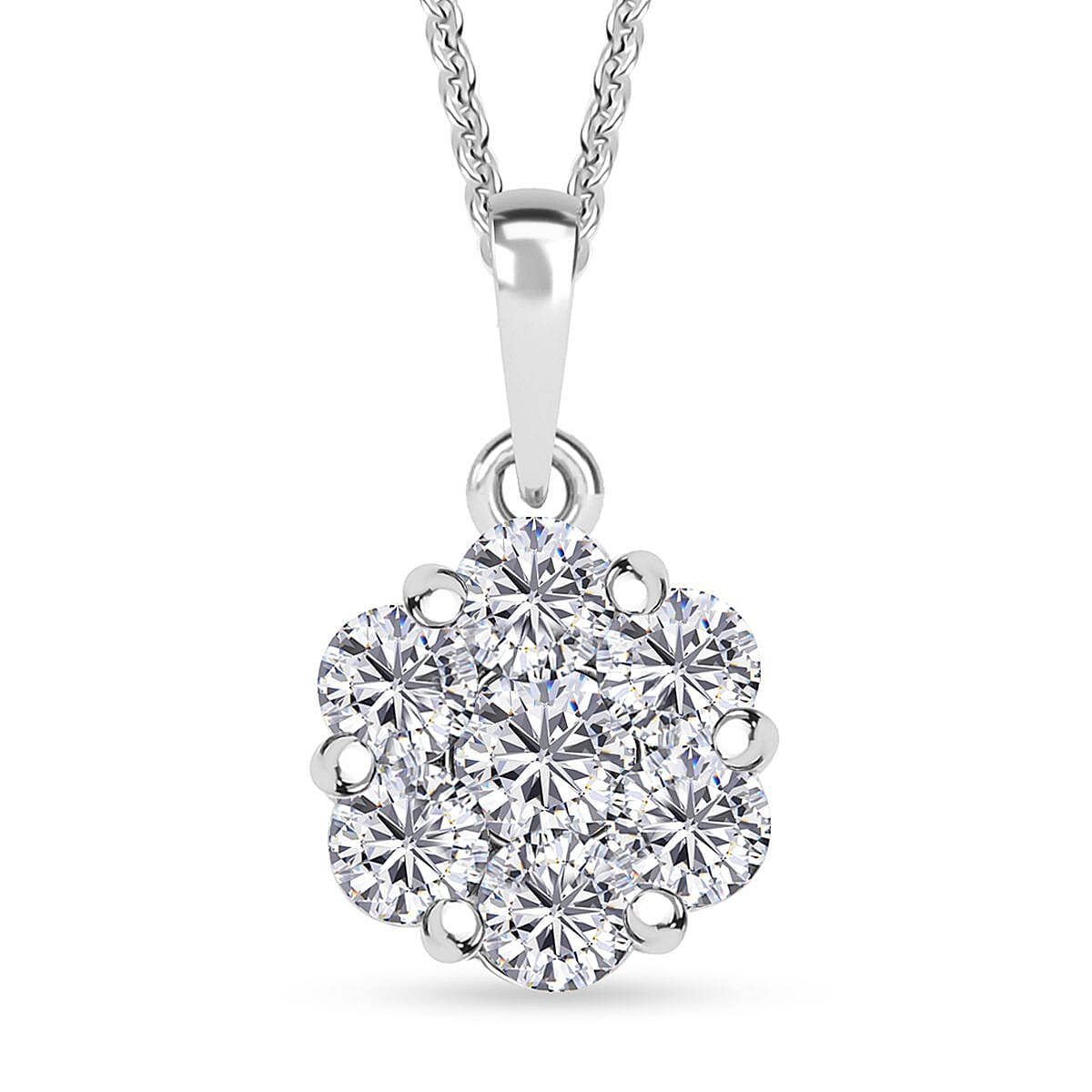 Moissanite (Rnd 4mm) Floral Pendant Necklace in Rhodium Over Sterling Silver (20 Inches) 1.30 ctw
