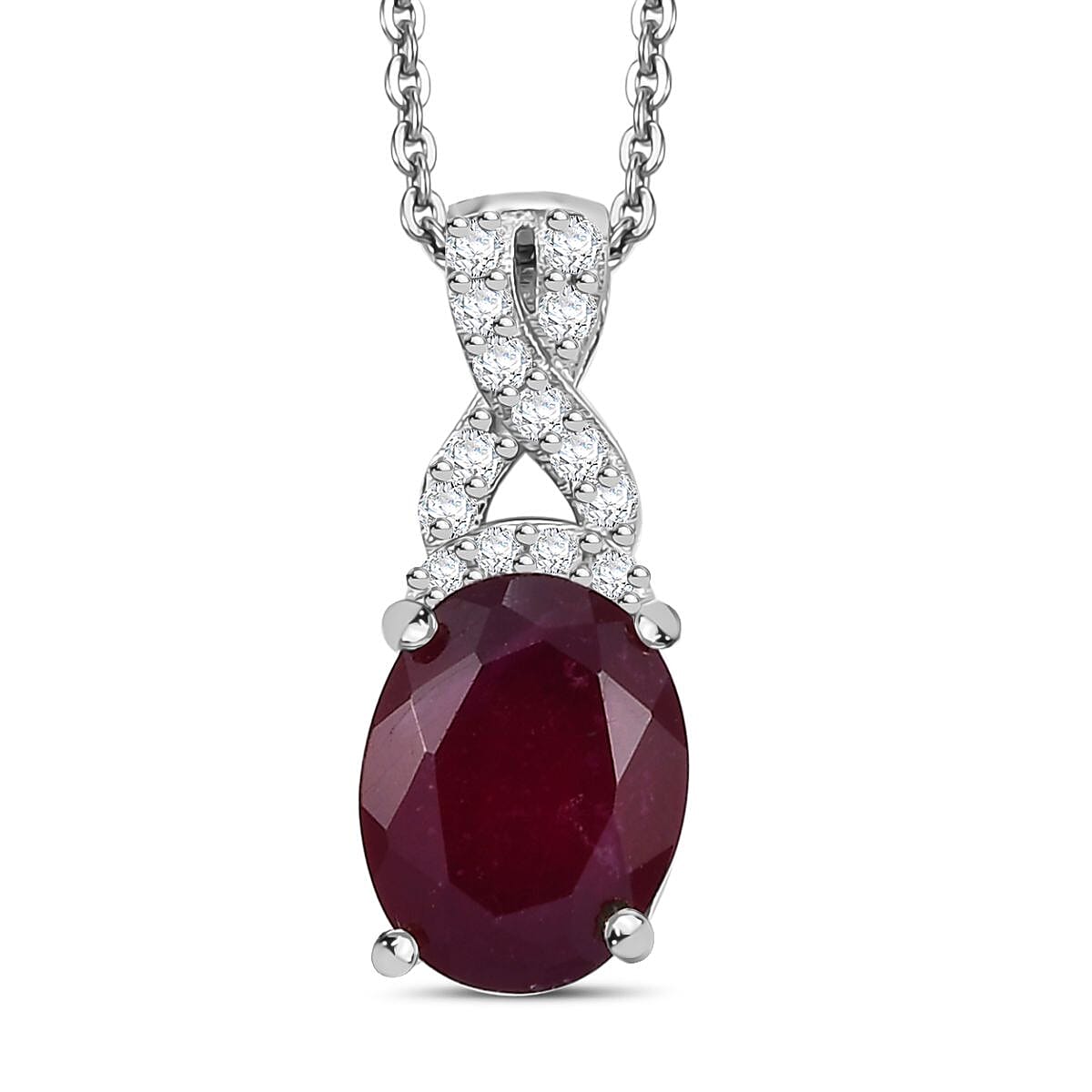 Premium Niassa Ruby (FF) and White Zircon 3.00 ctw Pendant Necklace in Rhodium Over Sterling Silver 20 Inches