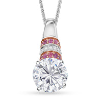 TLV Heart and Arrow Cut Moissanite (Rnd 10mm), Pink Sapphire Moonlit Grace Pendant Necklace (20 Inches) in Rhodium Over Sterling Silver 3.75 ctw