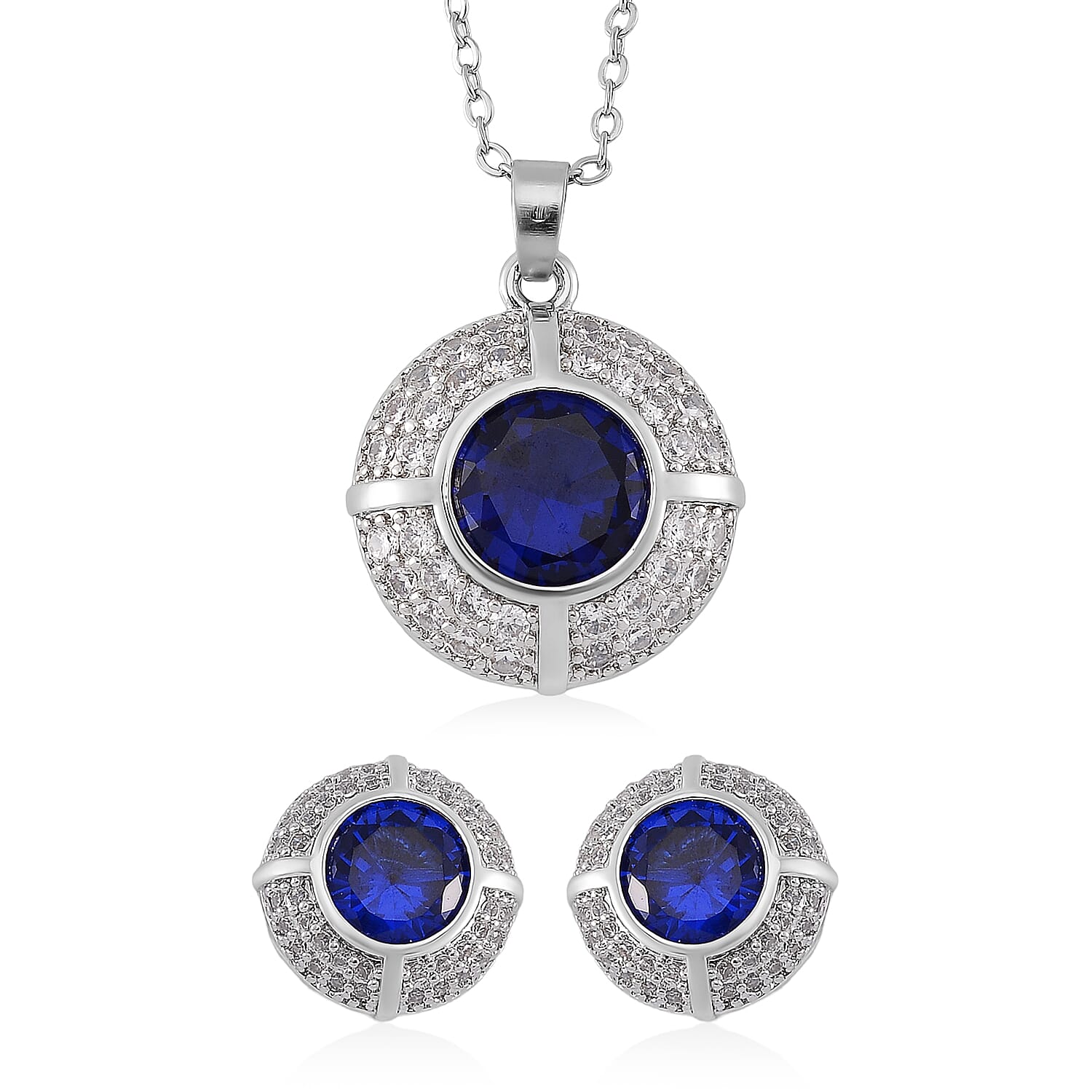 Set of 2 Karis Simulated Blue Diamond, White Crystal Necklace (20-22 Inches), Earrings in Slivertone 3.00 ctw