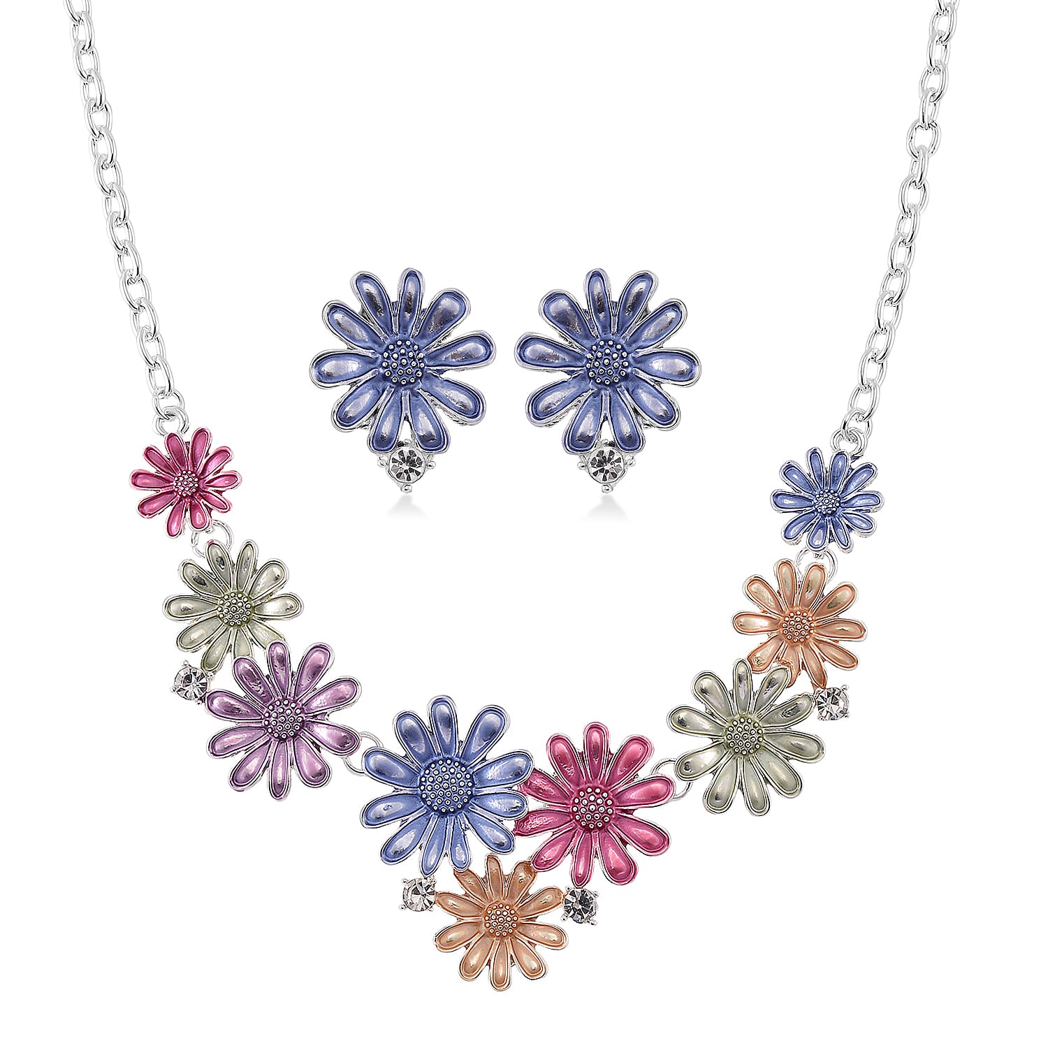Austrian Crystal and Multi Color Enameled Floral Necklace and Earrings in Silvertone