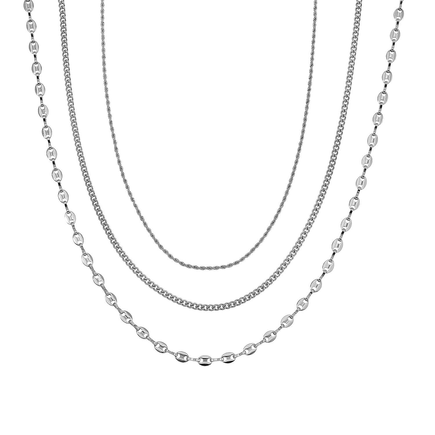 Set of 3 Link, Rope and Curb Chain Necklace in Stainless Steel (16, 18, and 22 Inches)