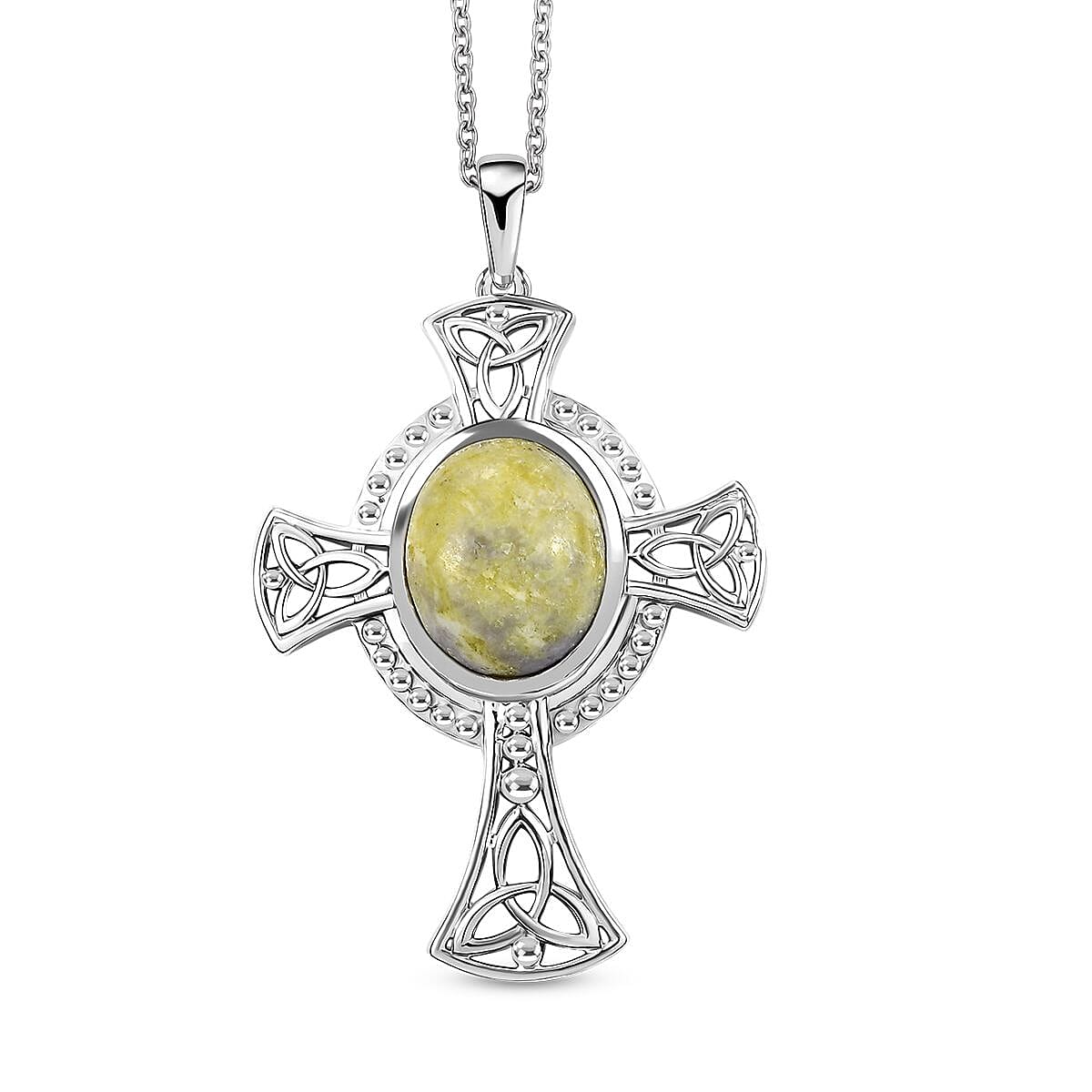 Connemara Marble 5.15 ctw Celtic Cross Pendant in Platinum Over Sterling Silver with Stainless Steel Necklace 20 Inches