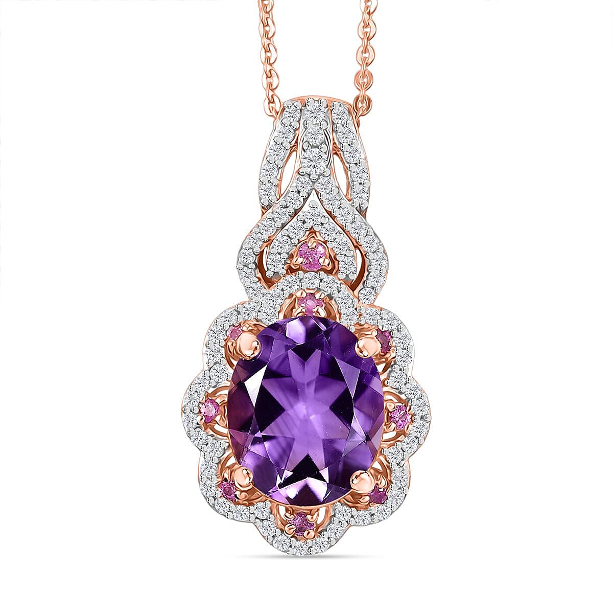AAA Rose De France Amethyst and Multi Gemstone 4.70 ctw Vintage Elegance Pendant Necklace in 18K Vermeil Rose Gold Over Sterling Silver (20 Inches)