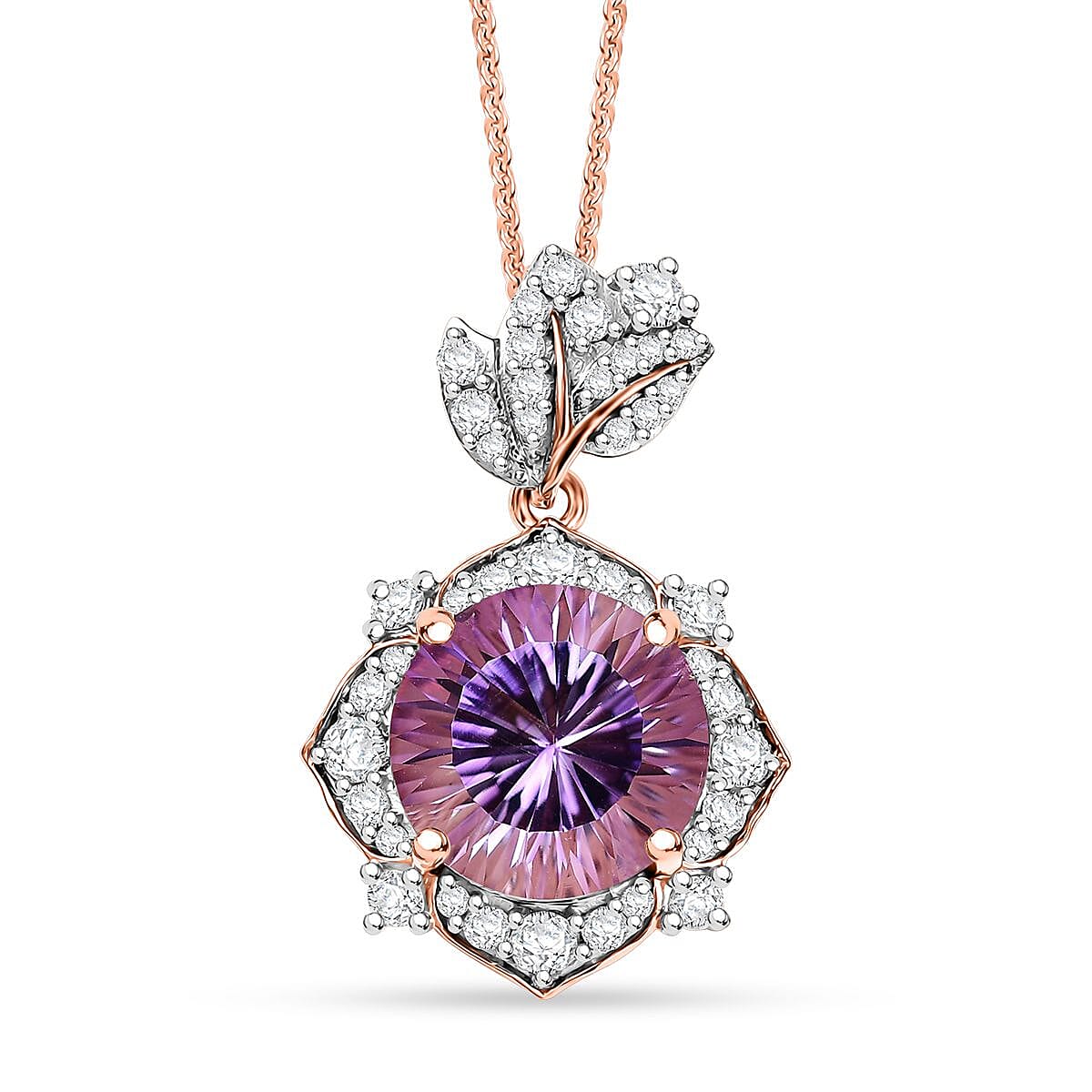 Concave Cut AAA Rose De France Amethyst and White Zircon 7.20 ctw Flower Pendant Necklace in 18K Vermeil Rose Gold Sterling Silver 20 Inches