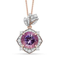 Concave Cut AAA Rose De France Amethyst and White Zircon 7.20 ctw Flower Pendant Necklace in 18K Vermeil Rose Gold Sterling Silver 20 Inches
