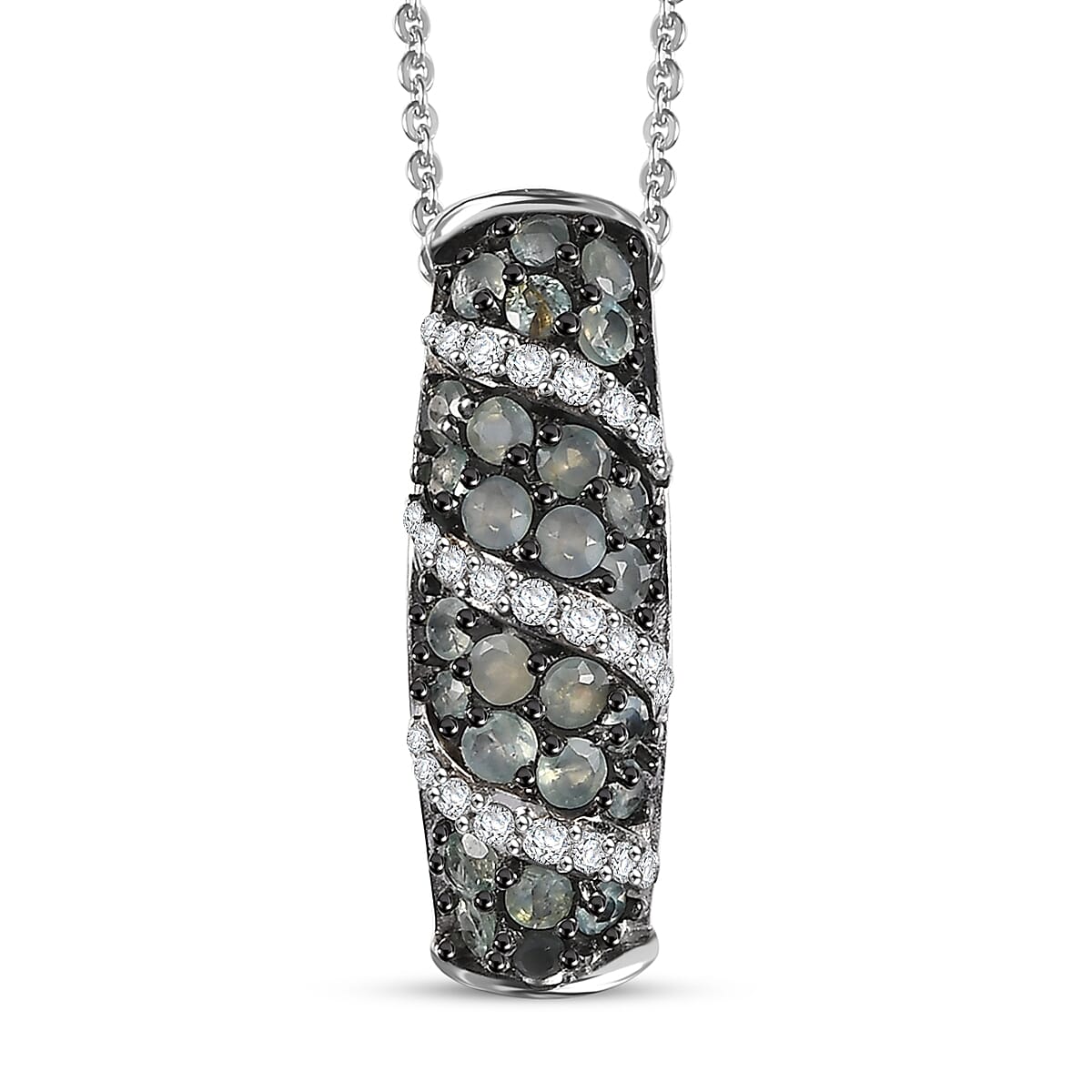Narsipatnam Alexandrite and White Zircon 1.30 ctw Waves Pendant Necklace in Rhodium Over Sterling Silver 20 Inches