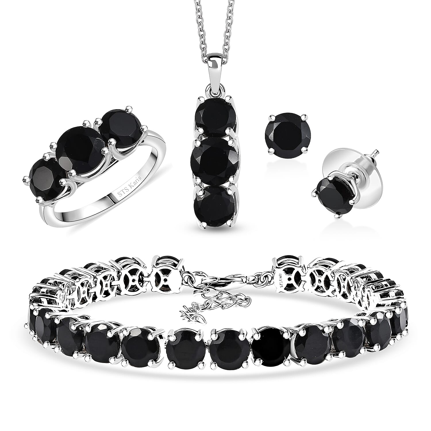 Set of 4 Black Onyx 36.10 ctw Bracelet (7.25In), Stud Earrings, 3 Stone Ring (Size 5.0) and Pendant in Platinum Bond with Stainless Steel Necklace 20 Inches