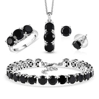 Set of 4 Black Onyx 36.10 ctw Bracelet (7.25In), Stud Earrings, 3 Stone Ring (Size 5.0) and Pendant in Platinum Bond with Stainless Steel Necklace 20 Inches