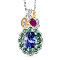 Premium Tanzanite and Multi Gemstone 2.00 ctw Floral Pendant Necklace 20 Inches in 18K Vermeil YG and Rhodium Over Sterling Silver