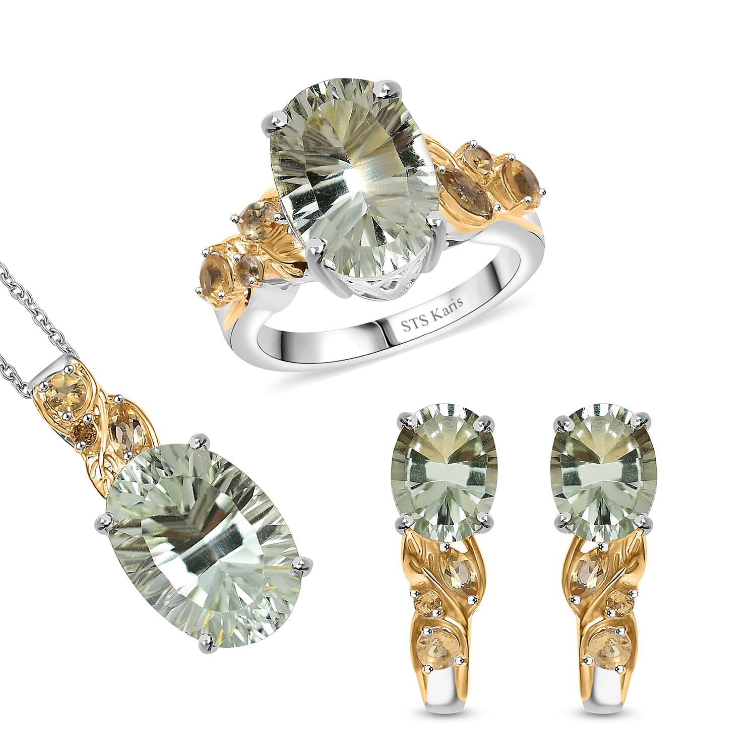 Set of 3 Karis Montezuma Prasiolite and Brazilian Citrine 16.75 ctw Earrings, Ring (Size 5.00), Pendant in 18K YG Plated and Platinum Bond with Stainless Steel Necklace 20 Inches