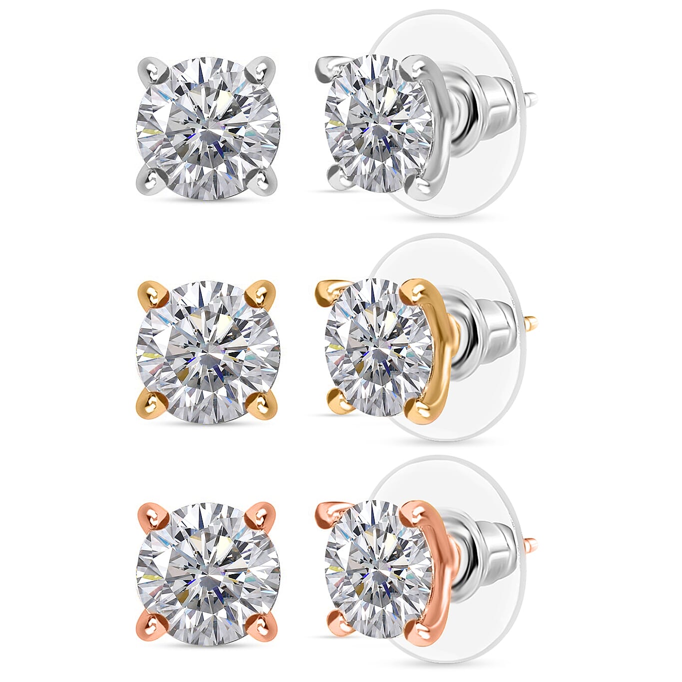 Set of 3 J Francis Embellished with Zirconia by Swarovski 7.85 ctw Solitaire Stud Earrings in 18K YRG and Platinum Over Sterling Silver