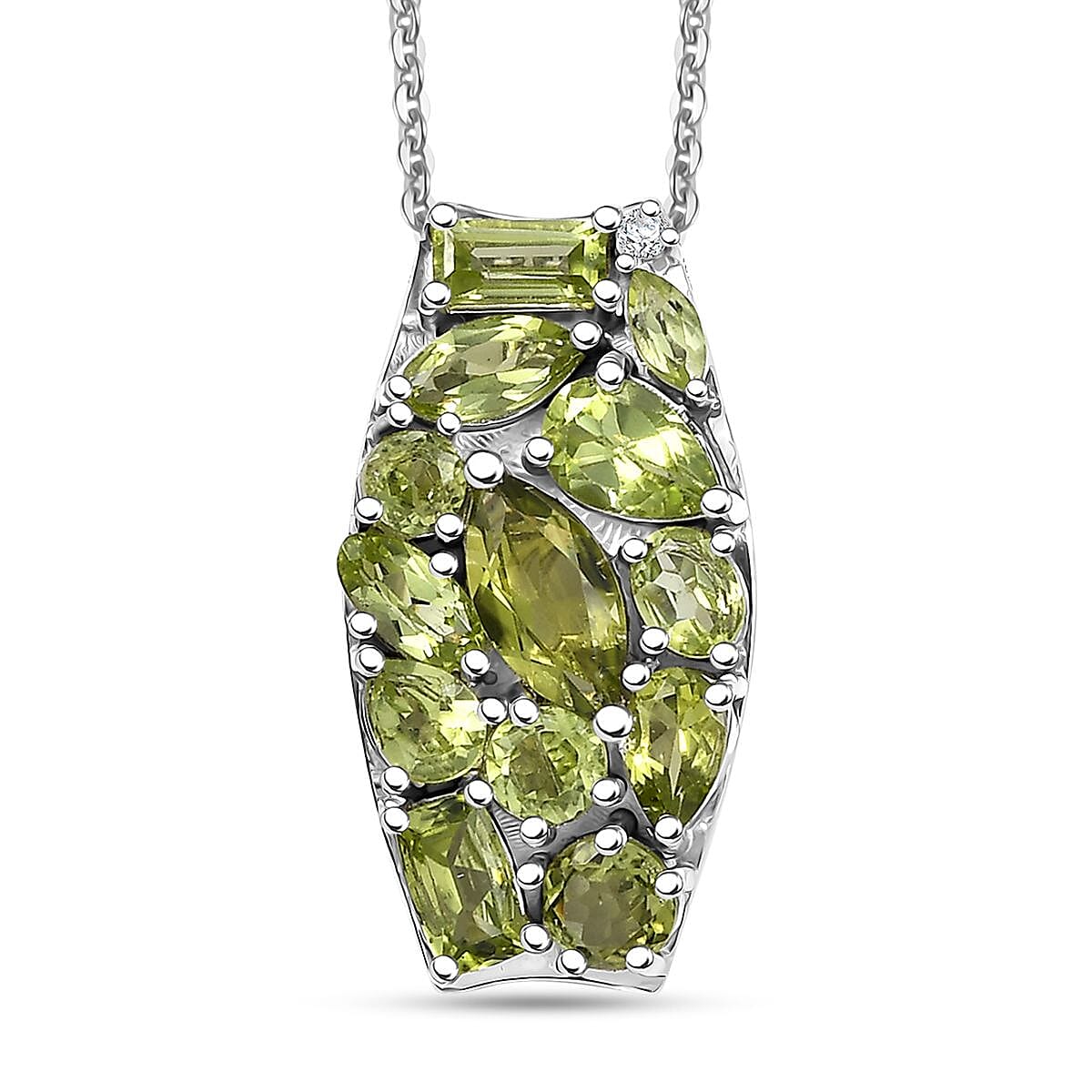 Arizona Peridot and White Zircon 3.30 ctw Verdant Mosaic Pendant Necklace in Rhodium Over Sterling Silver 20 Inches