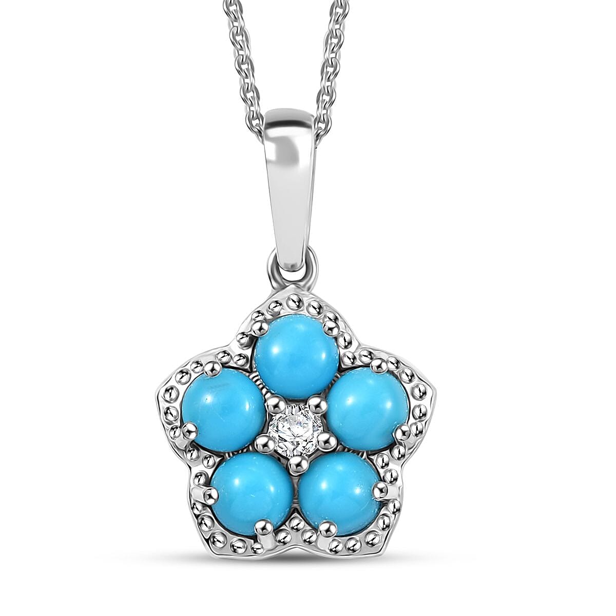 D'Joy Sleeping Beauty Turquoise and White Zircon 1.50 ctw Floral Pendant Necklace in Platinum Over Sterling Silver 20 Inches