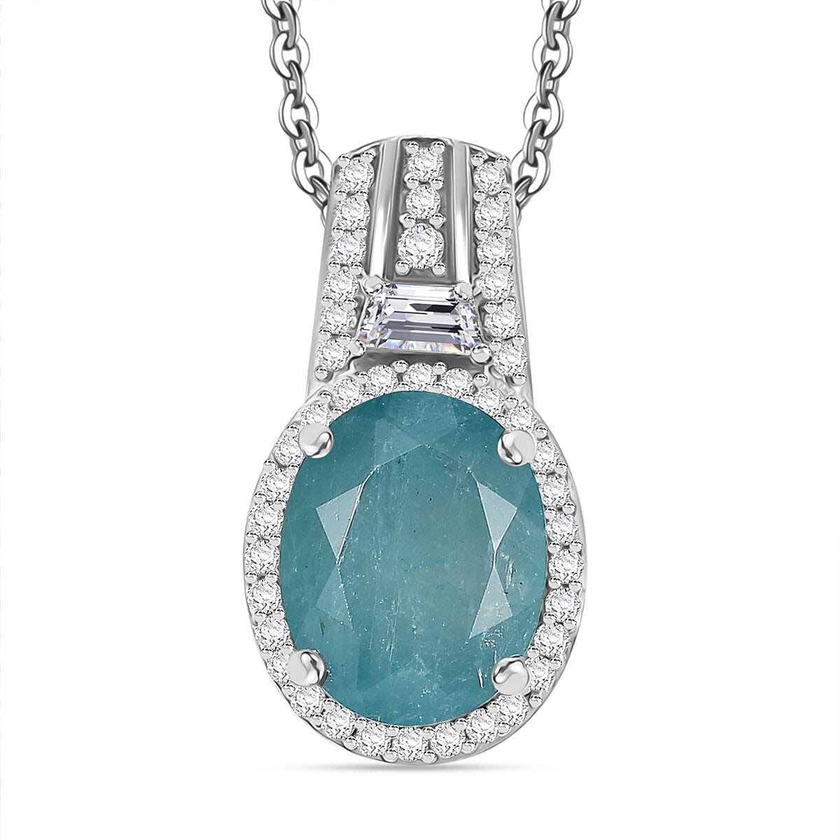 Premium Grandidierite and Moissanite 3.90 ctw Royal Majesty Pendant Necklace in Rhodium Over Sterling Silver 20 Inches
