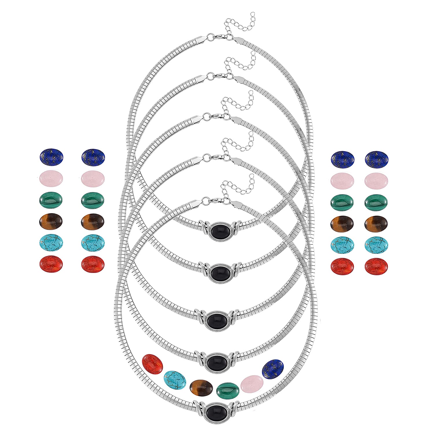 Set of 5 - 7pcs Interchangeable Multi Gemstone Omega Chain Necklace (18-20 Inches) in Stainless Steel 297.50 ctw (Del. In 10-12 Days)