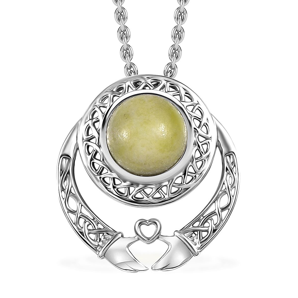 Connemara Marble 4.20 ctw Heart of Claddagh Pendant in Rhodium Over Sterling Silver with Stainless Steel Necklace 20 Inches