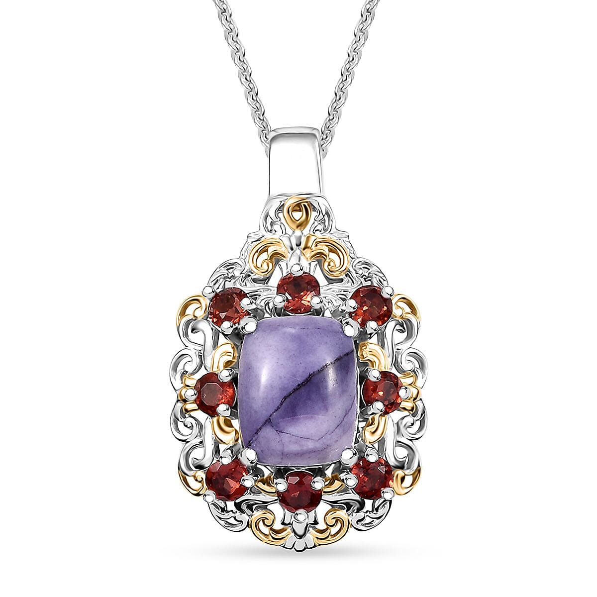 Utah Tiffany Stone and Mozambique Garnet 3.85 ctw Royal Amour Pendant Necklace in 14K YG and Platinum Over Sterling Silver 20 Inches