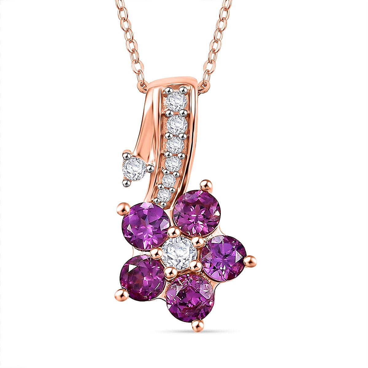 AAA Radiant Ember Garnet and White Zircon 1.15 ctw Floral Pendant Necklace in 18K Vermeil Rose Gold Over Sterling Silver 20 Inches