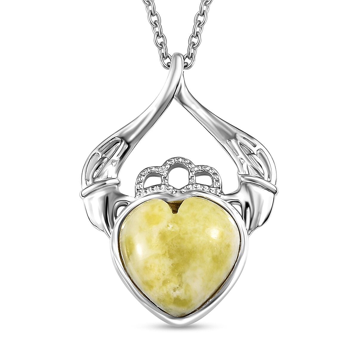 Connemara Marble 6.60 ctw Claddagh Pendant in Rhodium Over Sterling Silver with Stainless Steel Necklace 20 Inches