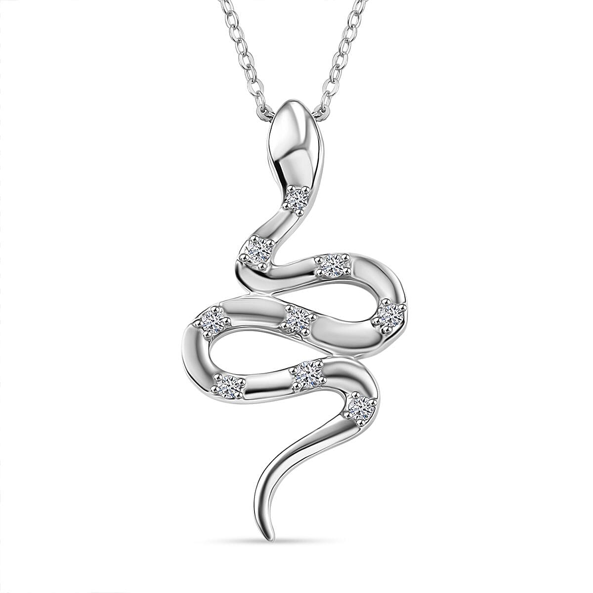 Luxuriant Lab Grown Diamond G-H SI 0.15 ctw Serpent Pendant Necklace in Rhodium Over Sterling Silver 20 Inches