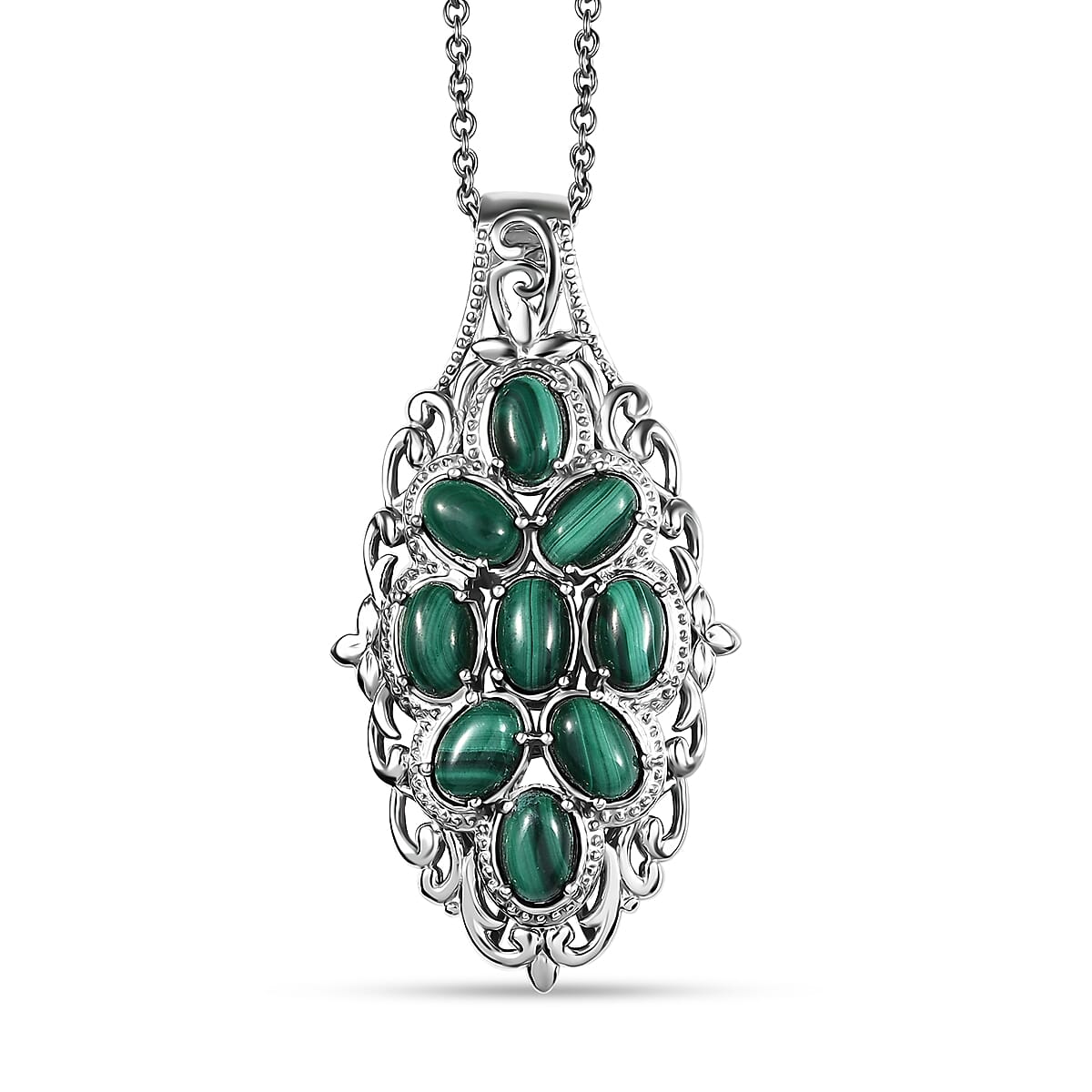Karis African Malachite 7.15 ctw Pendant in Platinum Bond with Stainless Steel Necklace 20 Inches