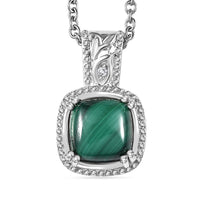 Karis African Malachite and White Zircon 3.50 ctw Pendant in Platinum with Stainless Steel Necklace 20 Inches