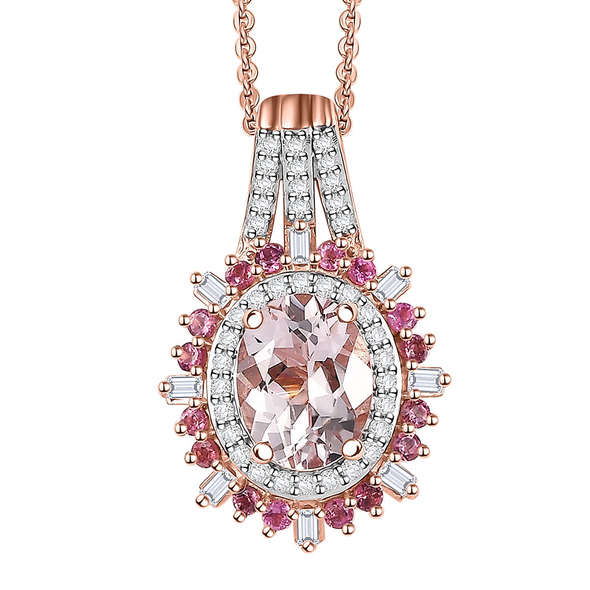 Pink Morganite and Multi Gemstone 2.40 ctw Pendant Necklace in 18K Vermeil Rose Gold Over Sterling Silver 20 Inches