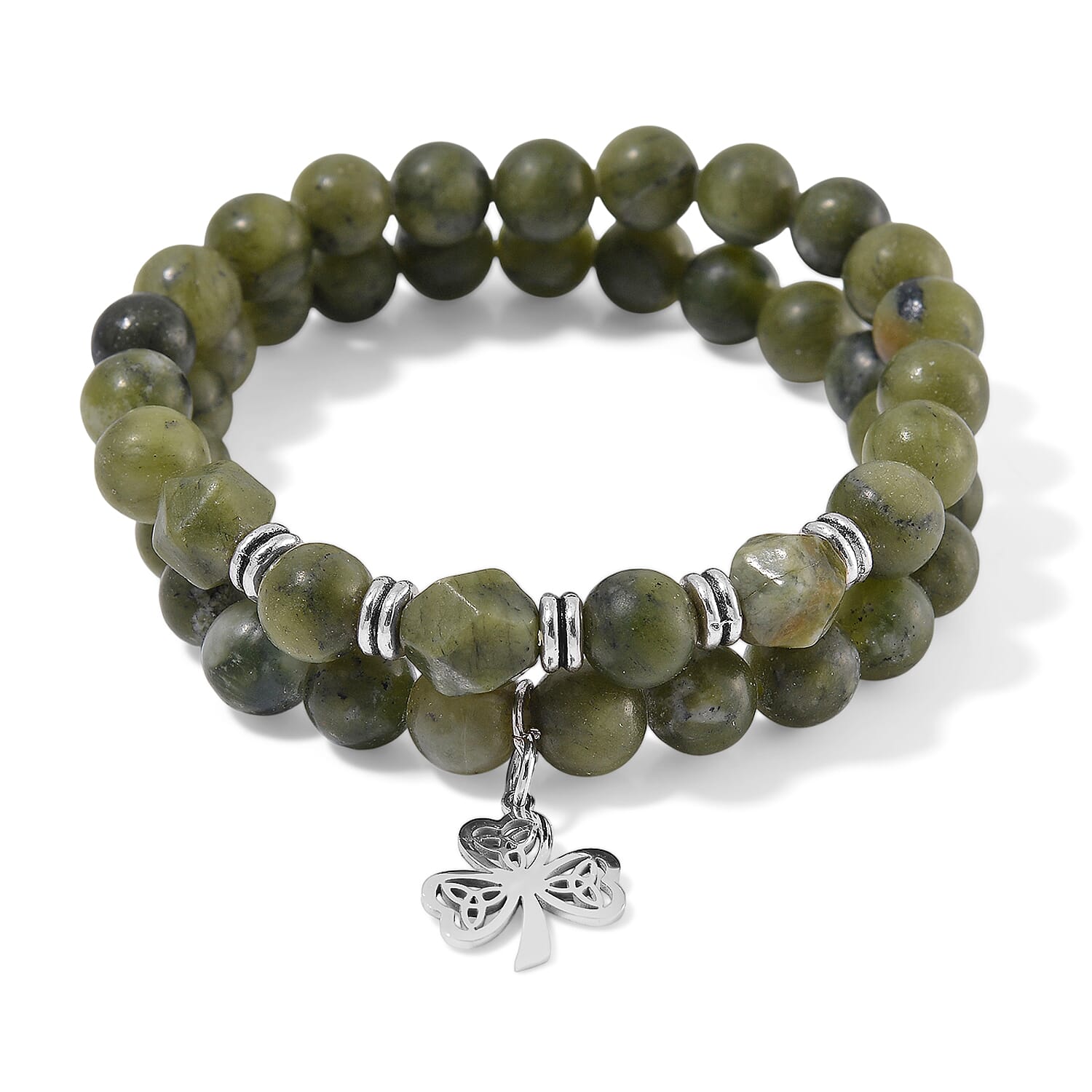 Set of 2 Connemara Marble 200.00 ctw Beaded Stretch Bracelet with Clover Leaf Charm in Silvertone