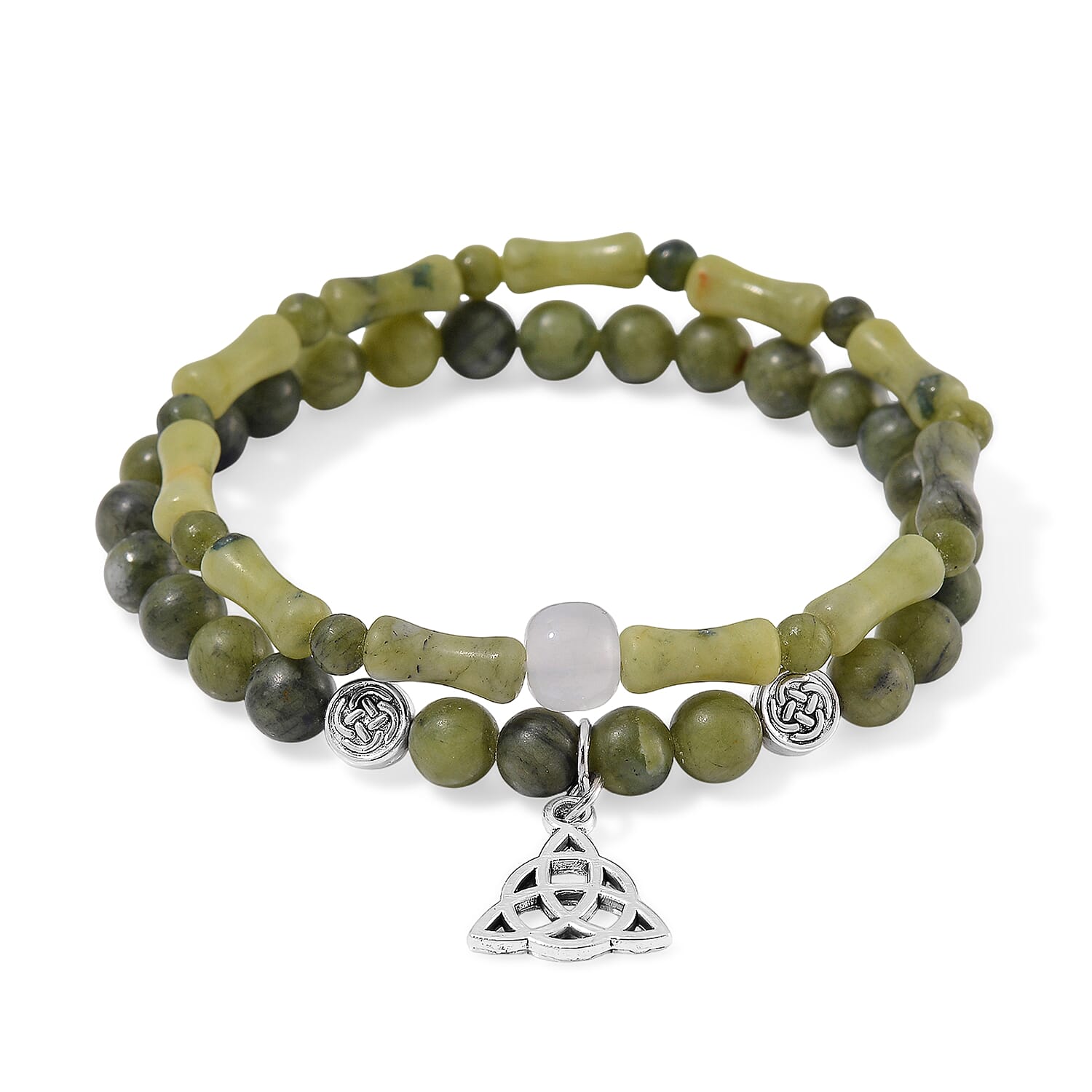 Set of 2 Connemara Marble 105.00 ctw Beaded and Bamboo Stretch Bracelet with Celtic Knot Charm in Silvertone
