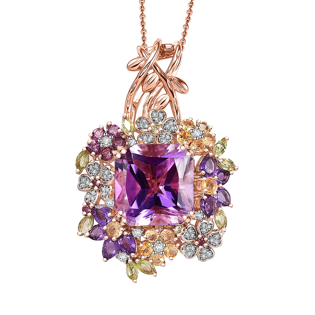 GP Italian Garden Collection AAA Rose De France Amethyst and Multi Gemstone 17.45 ctw Pendant Necklace in 18K Vermeil Rose Gold Sterling Silver 20 Inches