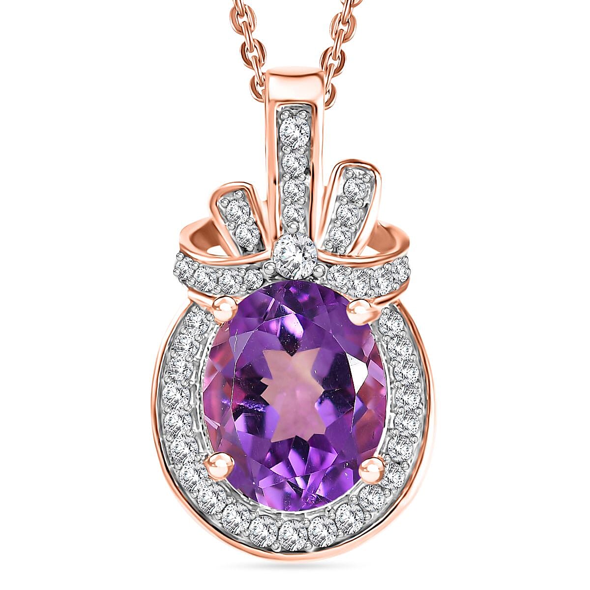 AAA Rose De France Amethyst and White Zircon 2.80 ctw Love Knot Pendant Necklace in 18K Vermeil Rose Gold Over Sterling Silver 20 Inches