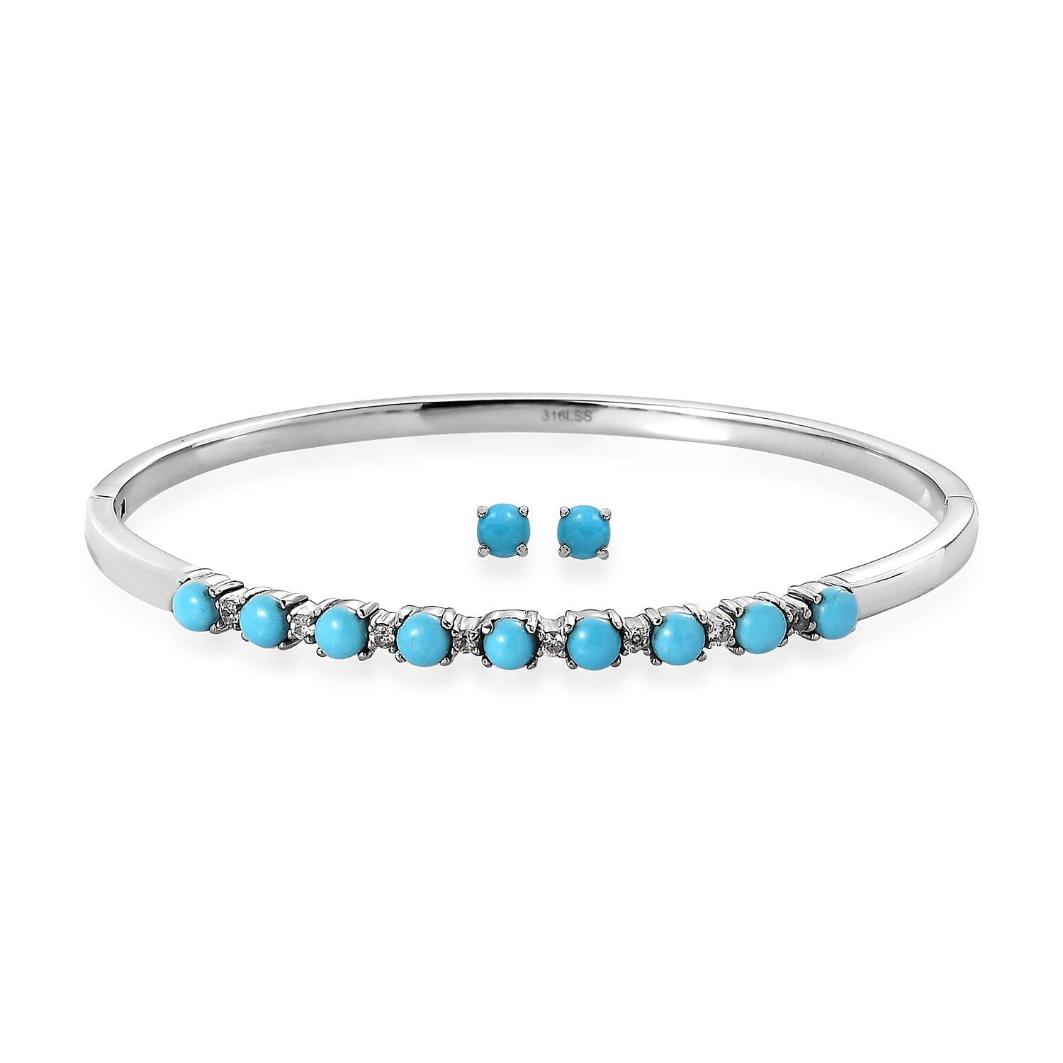 Sleeping Beauty Turquoise and White Zircon 3.15 ctw Stud Earrings and Bangle Bracelet (7.25 In) in Stainless Steel